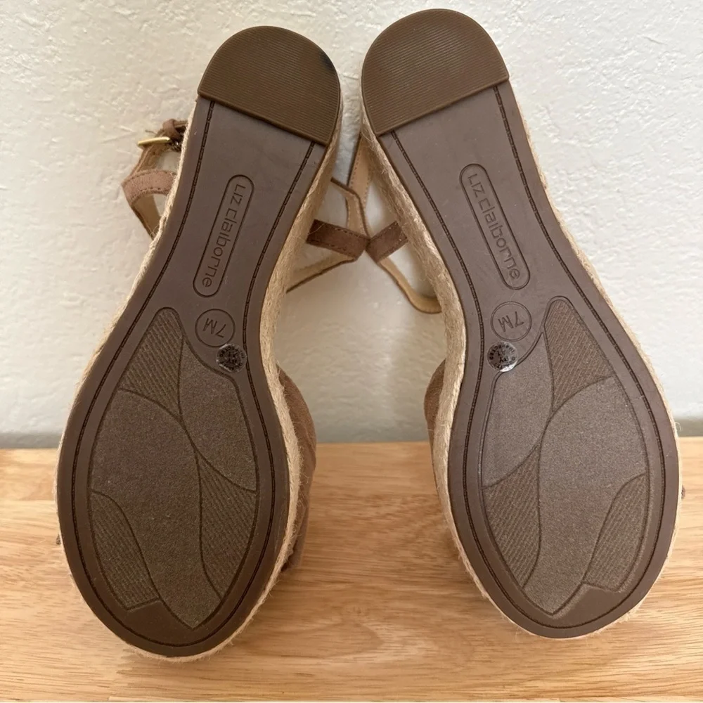 LIZ CLAIBORNE Tan Nude Peep Toe Platform Wedge SANDALS With Bow Size 7M